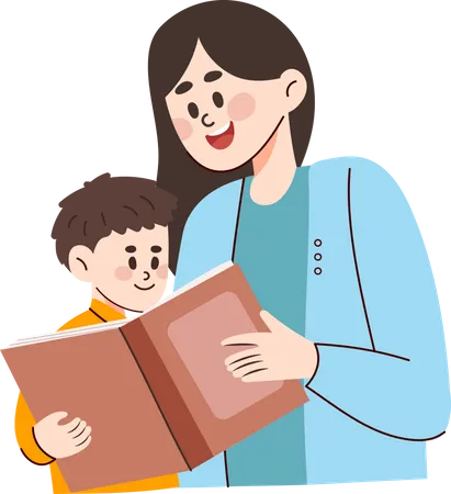 Mother and son reading a book  イラスト
