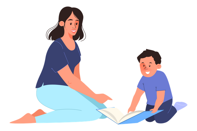 Mother and son reading book Illustration