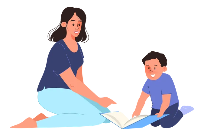 Mother and son reading book  Illustration
