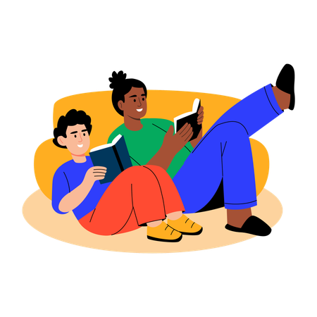 Mother and son reading book  Illustration