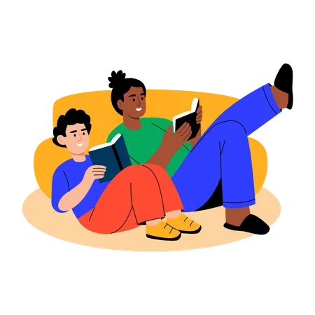 Mother and son reading book  Illustration