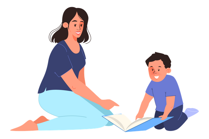 Mother and son reading book  Illustration