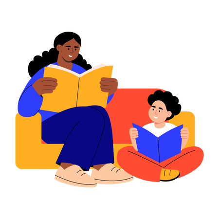 Mother and son reading comic books  Illustration