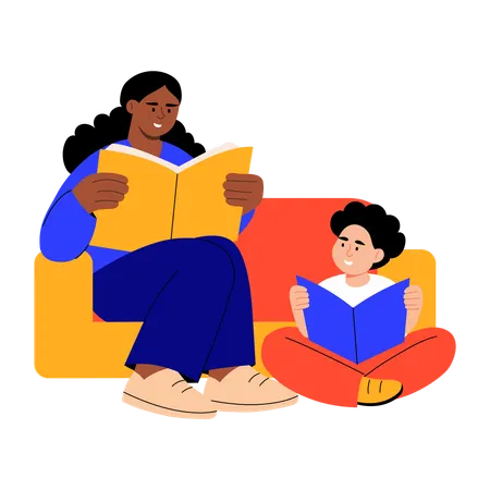 Mother and son reading comic books  Illustration