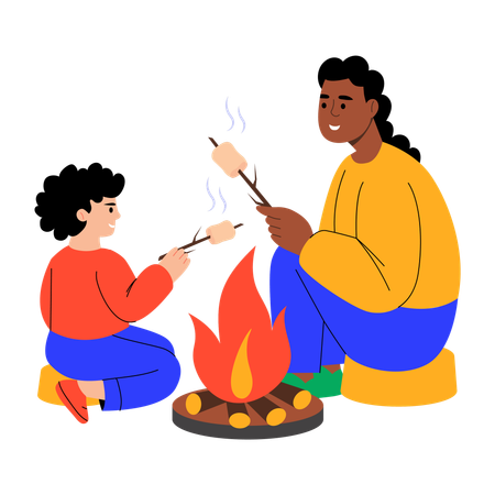 Mother and son roasting marshmallow  Illustration