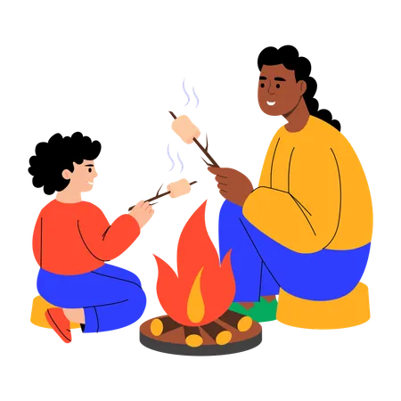Mother and son roasting marshmallow  Illustration