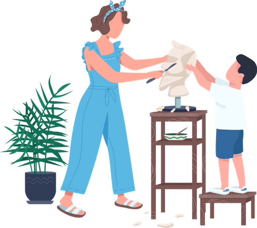 Mother and son sculpting together  Illustration