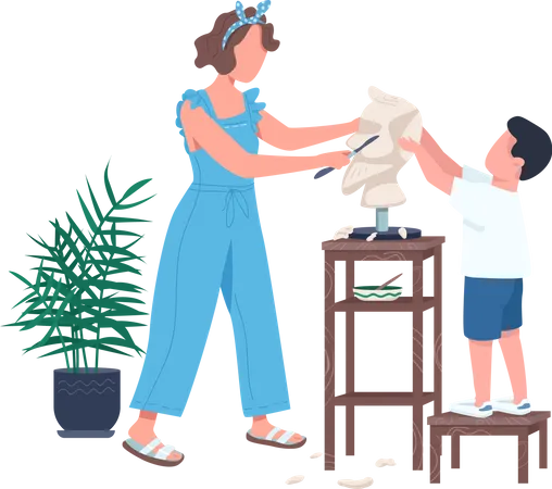 Mother and son sculpting together  Illustration