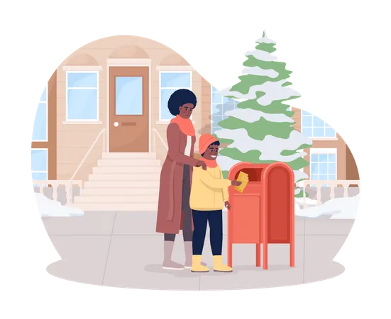 Mother And Son Send Mail 2 D Vector Isolated Illustration Happy Family Flat Characters On Cartoon Background Sending Holiday Greetings Colourful Editable Scene For Mobile Website Presentation Illustration