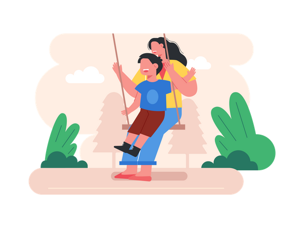 Mother and son sitting on swing  Illustration