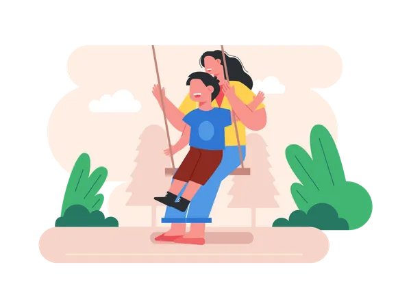 Mother and son sitting on swing  Illustration