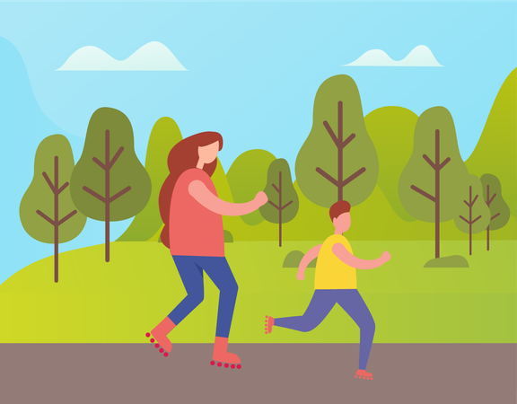 Mother and son skateboarding  Illustration