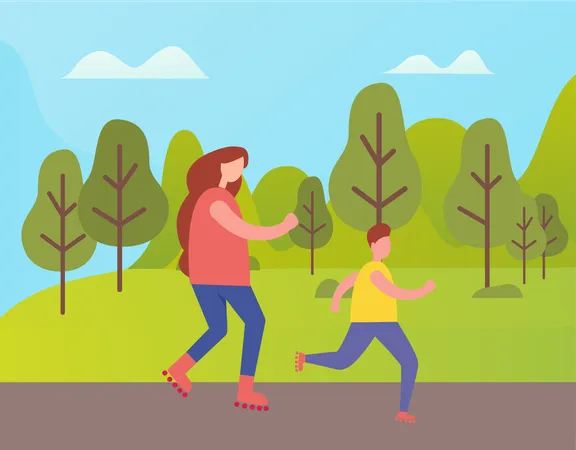 Mother and son skateboarding  Illustration