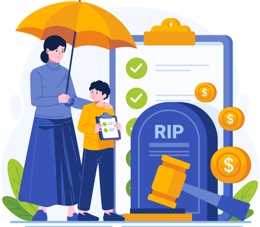 Mother and Son Standing Near a Tombstone With an Insurance Policy Paper Document on a Clipboard  Illustration