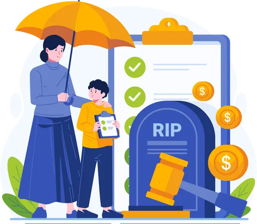 Mother and Son Standing Near a Tombstone With an Insurance Policy Paper Document on a Clipboard  Illustration
