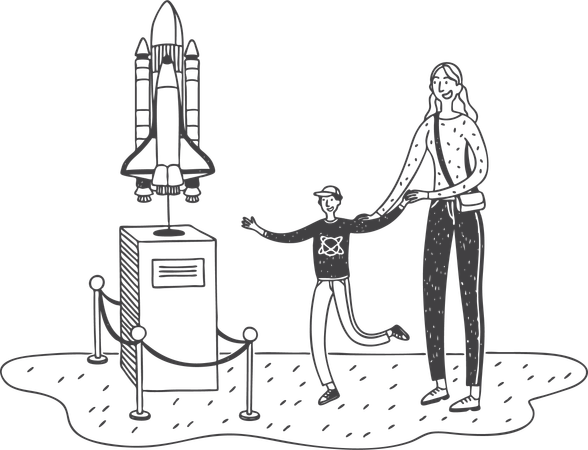 Mother and son standing near rocket at museum  Illustration