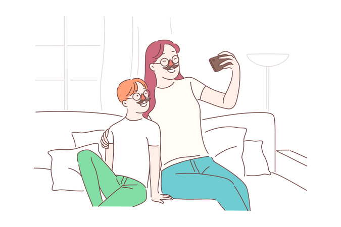 Mother and son taking mobile selfie  Illustration