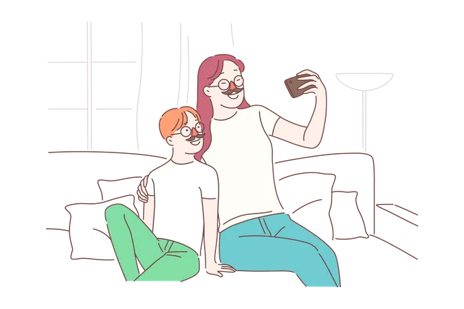 Mother and son taking mobile selfie  Illustration