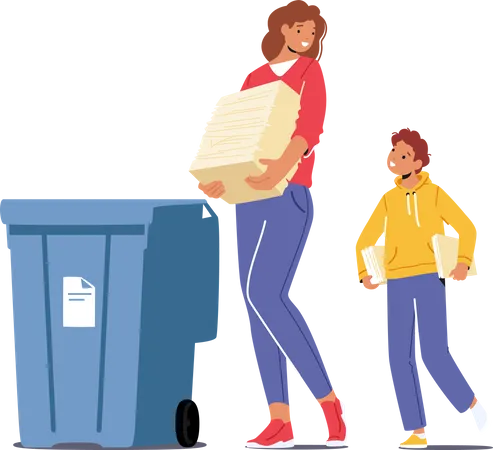 Mother and Son Throw Garbage into Containers  Illustration