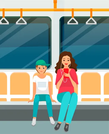Mother and son traveling in metro train  Illustration