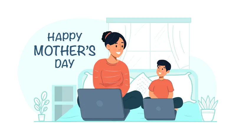 Mother and son using laptop  Illustration