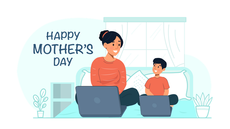 Mother and son using laptop  Illustration