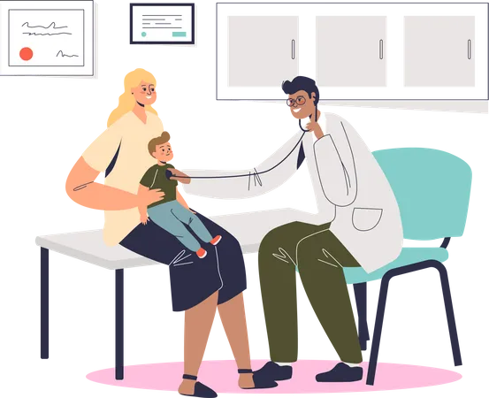 Mother Visit Pediatrician Family Doctor Examining Little Boy During Checkup Physician Office With Kid Patient Cartoon Flat Vector Illustration Illustration