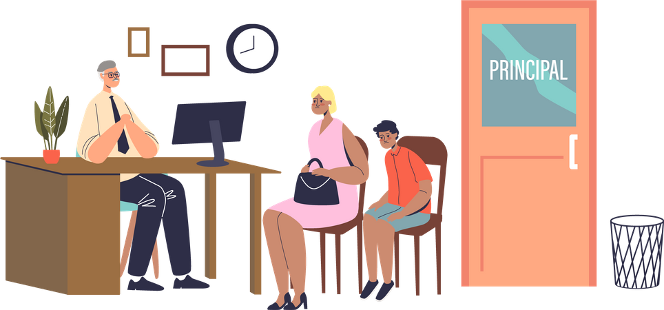 Mother and son visiting school principal office Illustration