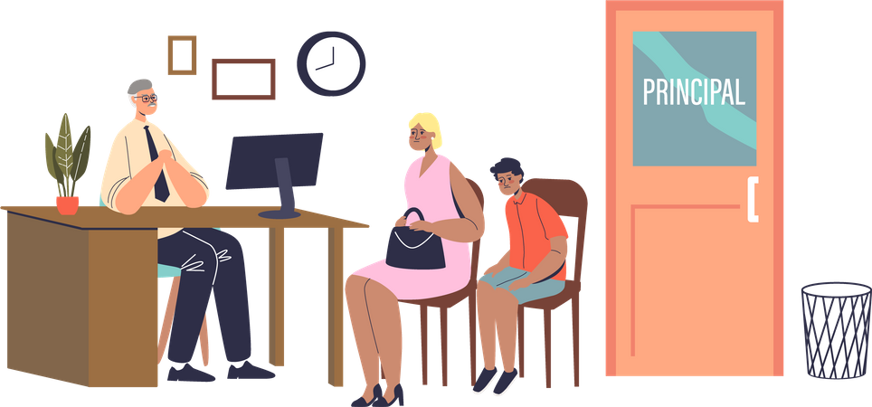 Mother and son visiting school principal office  Illustration