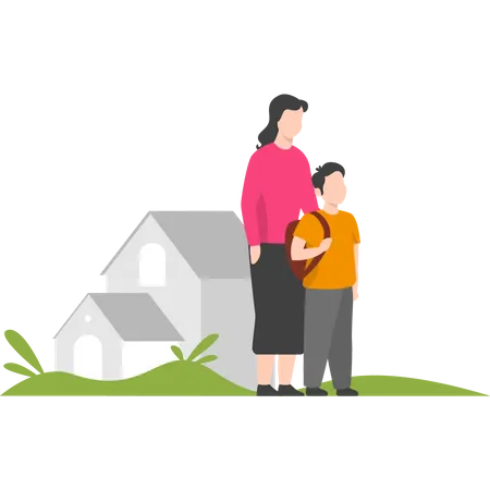 Mother and son waiting outside at house Illustration