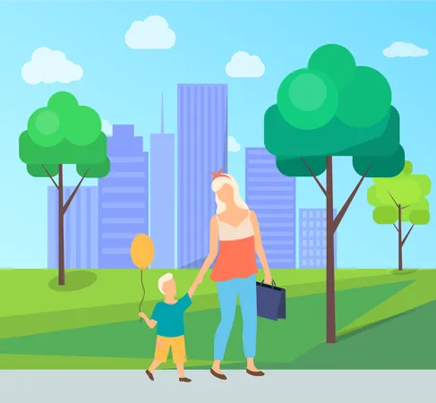 Mother And Son Walking In Urban Park Mom Holding Kid With Balloon Portrait View Of Family Characters In Casual Clothes Trees And Buildings Vector Illustration
