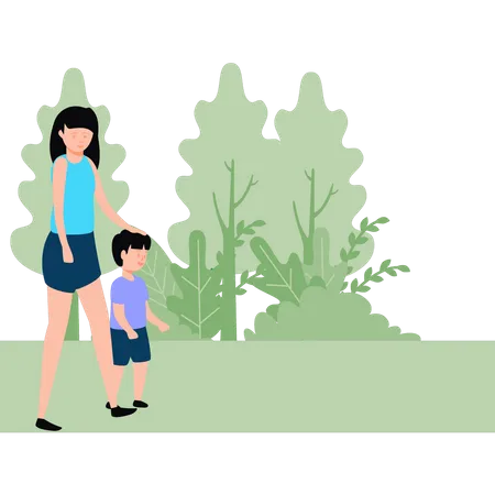 The Girl Is Taking Her Child For A Walk In The Park Illustration