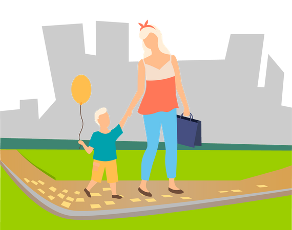 Mother and son walking in park  Illustration
