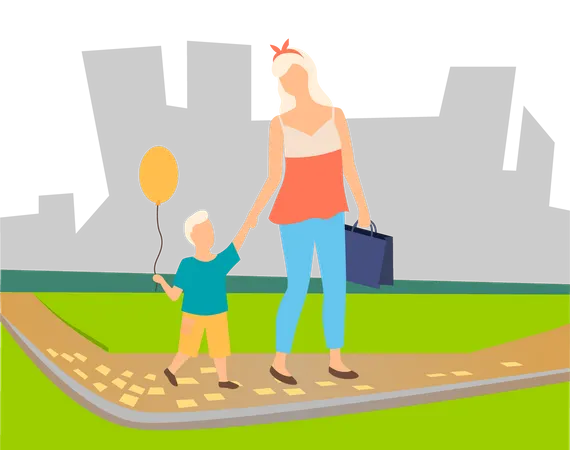 Mother and son walking in park  Illustration