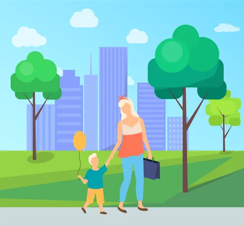 Mother and son walking in park  Illustration