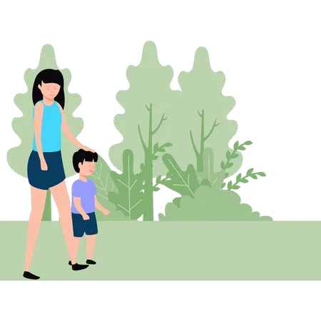 Mother and son walking in park  Illustration