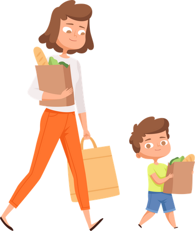 Mother and son walking with vegetables bags  Illustration