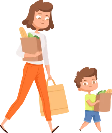 Mother and son walking with vegetables bags  Illustration