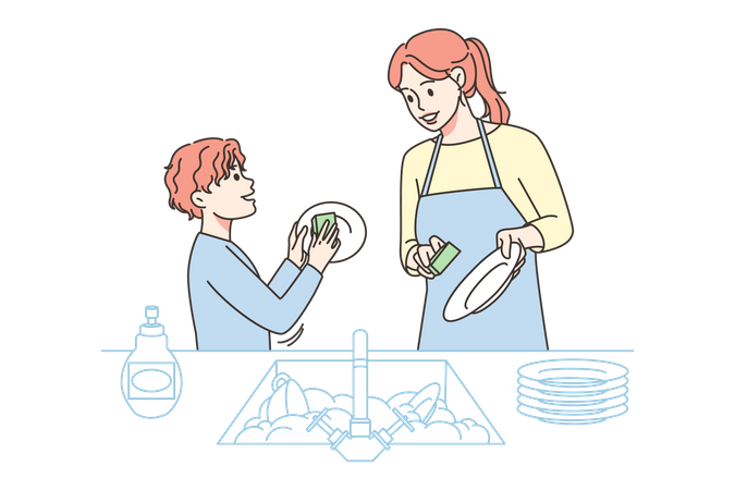 Mother and son washing dish  Illustration