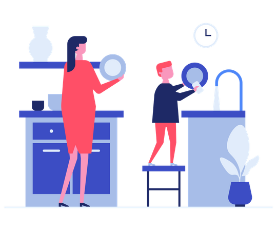 Mother and son washing dishes Illustration