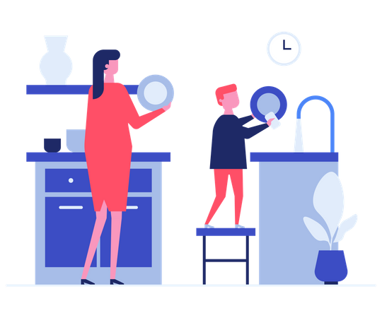 Mother and son washing dishes  Illustration