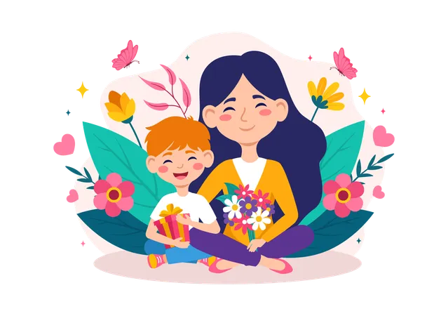 Mother and son with Flower and Gift  Illustration