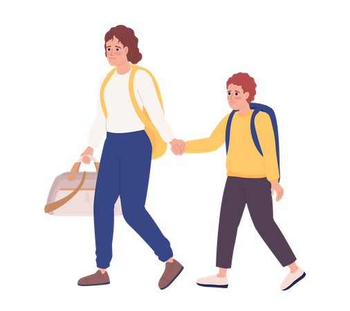 Mother and son with luggage leaving in hurry  Illustration