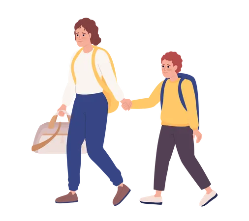 Mother and son with luggage leaving in hurry  Illustration