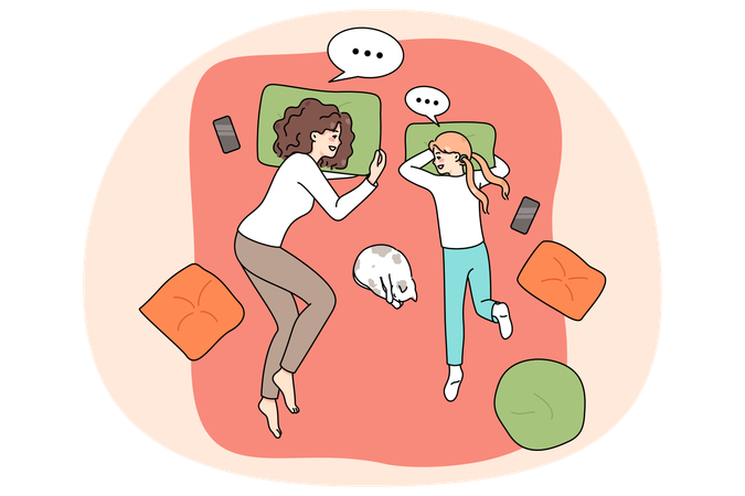 Mother and teen daughter relax chatting  Illustration