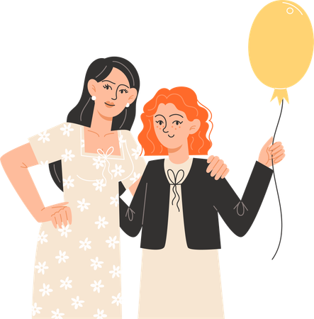 Mother and  teenage daughter standing next to each other  Illustration