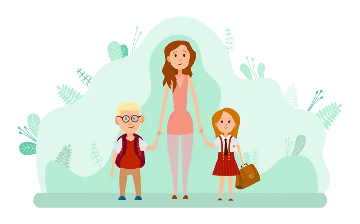 Mother and two happy kids with backpacks  Illustration