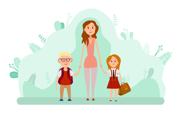 Mother and two happy kids with backpacks  Illustration