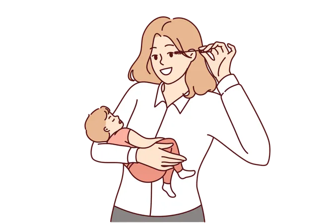 Mother applies mascara while feeding baby  Illustration