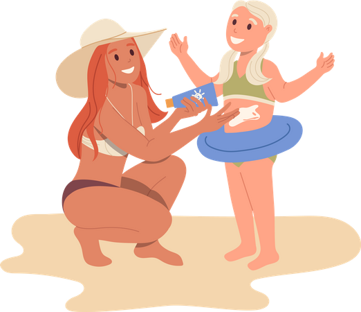 Mother applying sunscreen to daughter  イラスト